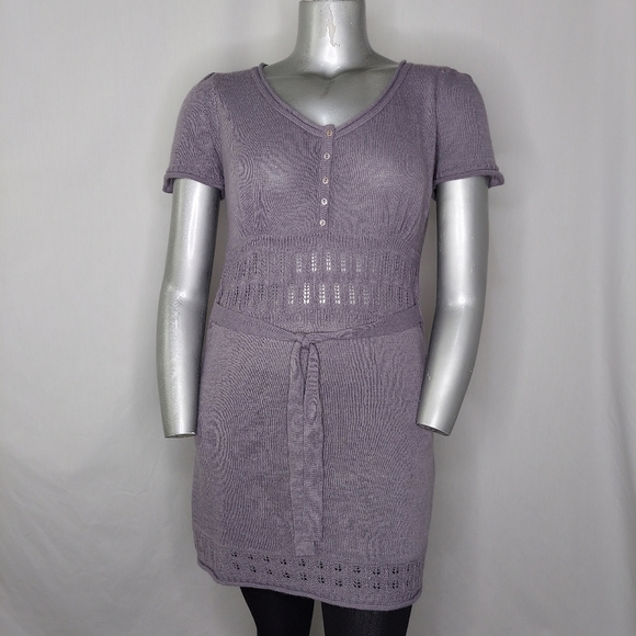 La Redoute Sweater Dress 14/16 Purple Tie Belt V-Neck Button Short Sleeve Mini - Picture 1 of 6